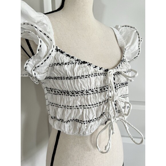 Anthropologie Smocked Crop Top White With Black Stitching Medium EUC - Picture 2 of 9